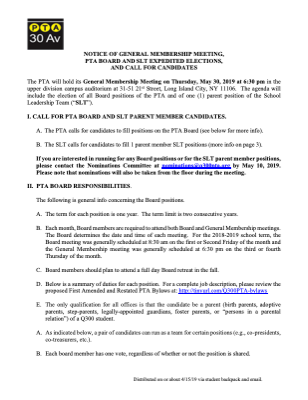 Q300 PTA PTA Board SLT Elections Notice 2019