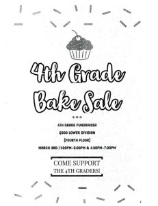 Read more about the article 4th Grade Bake Sale on Tuesday, March 3