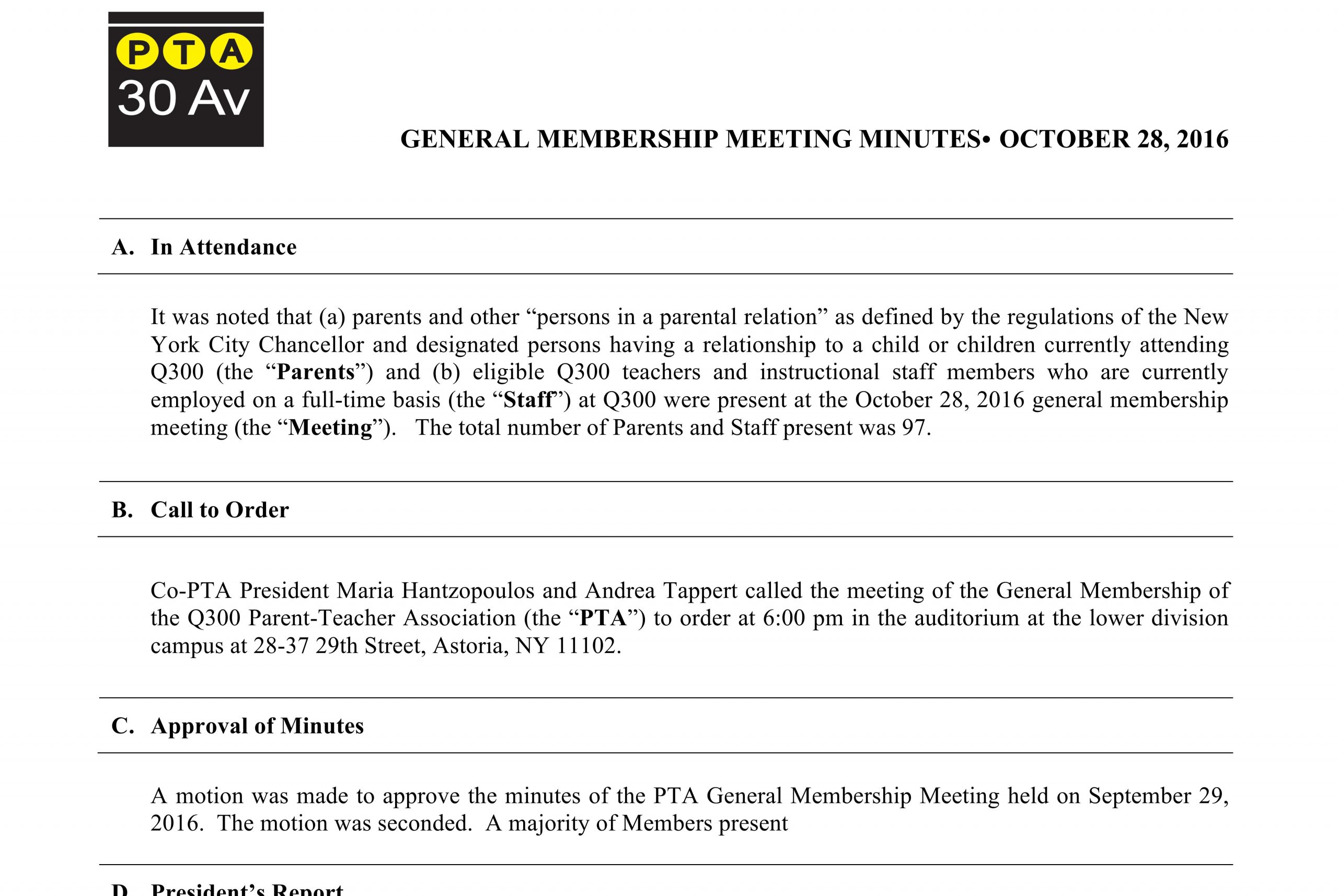PTA General Membership Meeting Minutes Q300 PTA