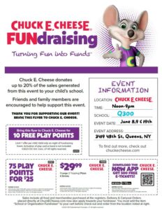 Read more about the article Chuck E. Cheese Fundraising (6/8/2023, 6/9/2023, & 6/19/2023)