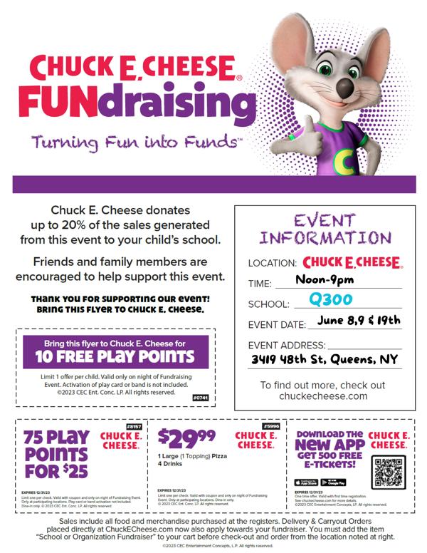 Chuck E. Cheese Fundraising (6/8/2023, 6/9/2023, & 6/19/2023) - Q300 PTA